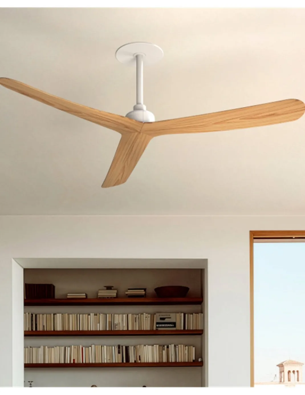 Ventilador de techo empotrado sin luz Rocker M - Faro - 3 palas de fresno, ultrasilencioso y apto para techos inclinados