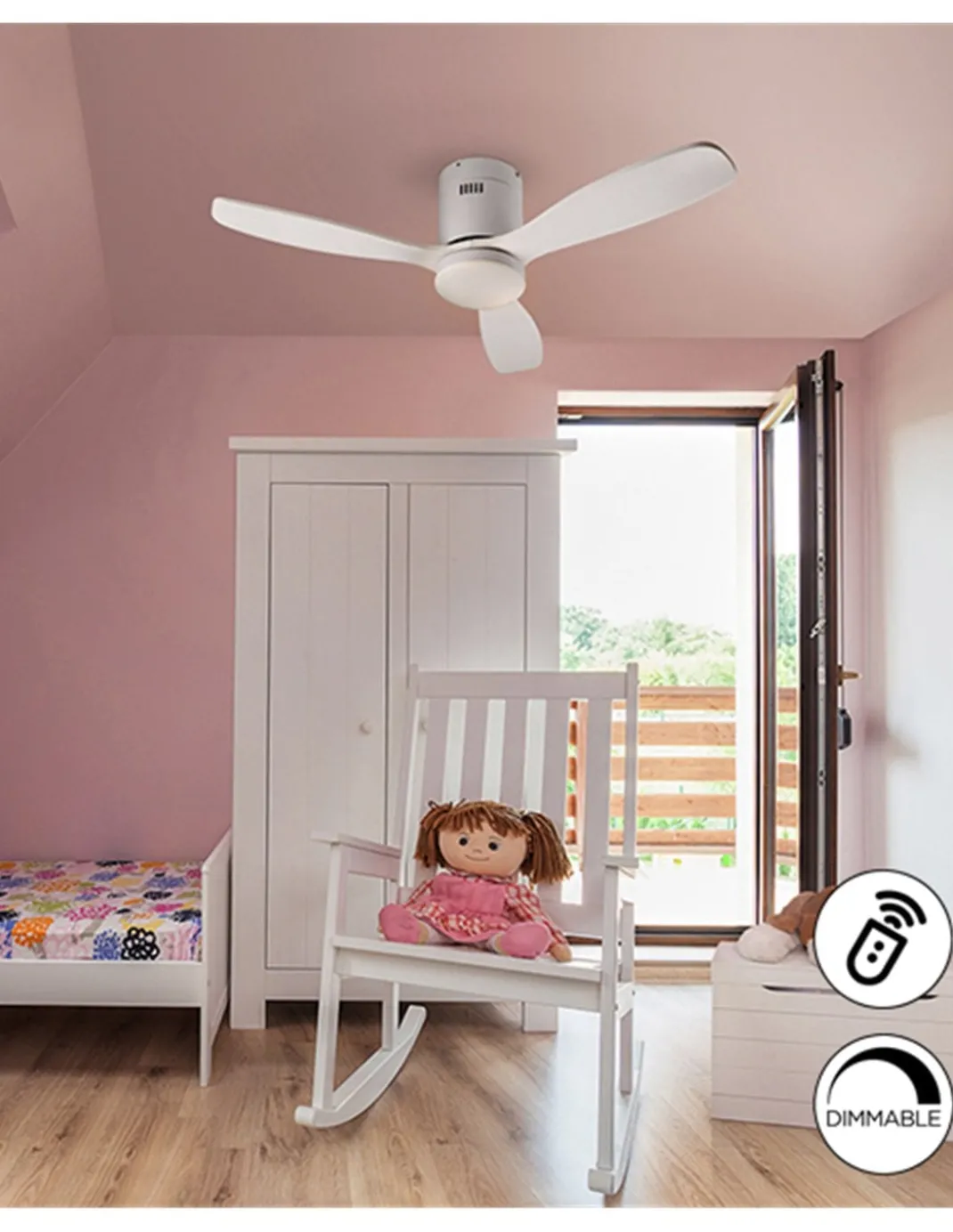 Ventilador de techo Mini Siroco – Schuller – Ventilador blanco, motor DC, 6 velocidades