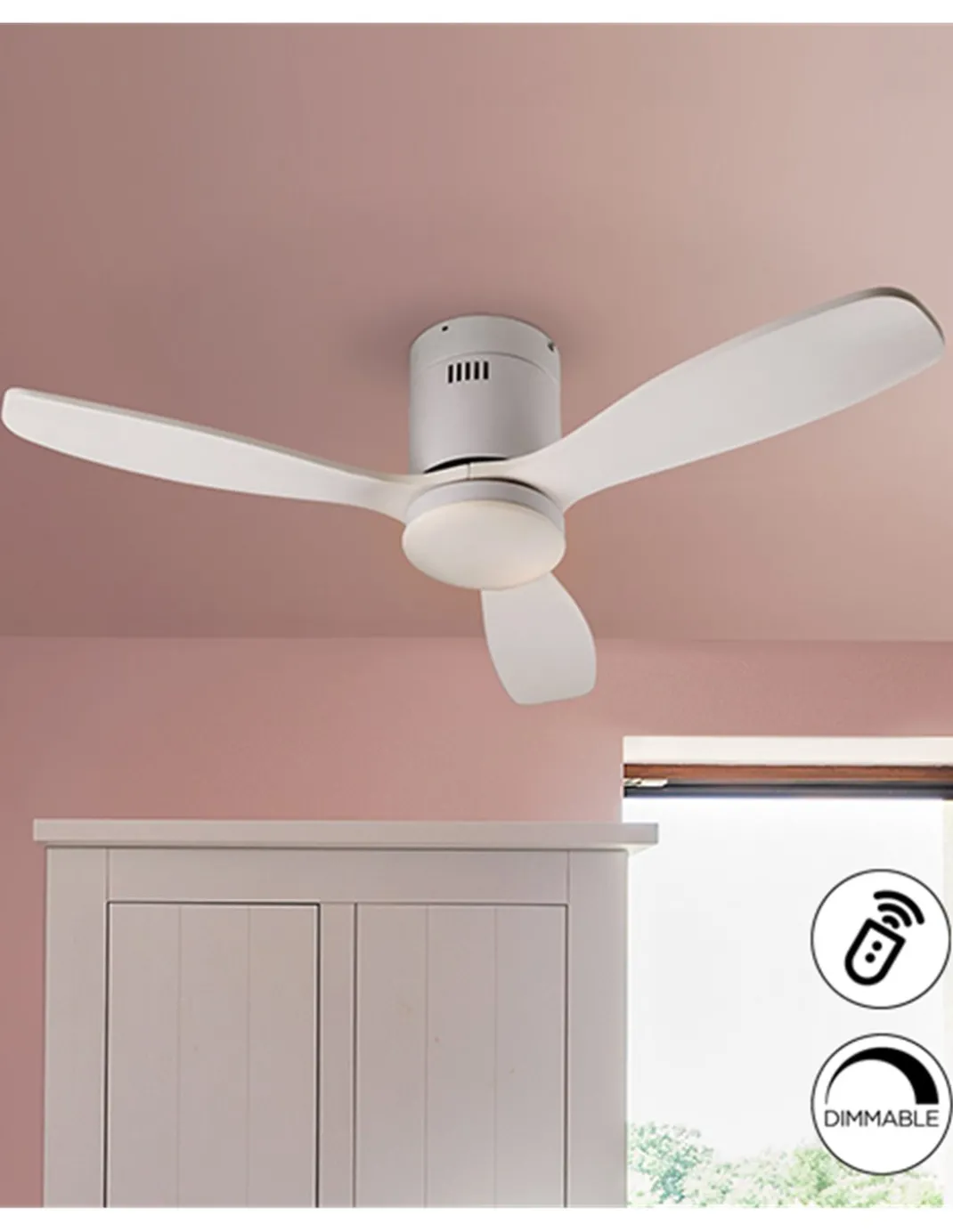 Ventilador de techo Mini Siroco – Schuller – Ventilador blanco, motor DC, 6 velocidades