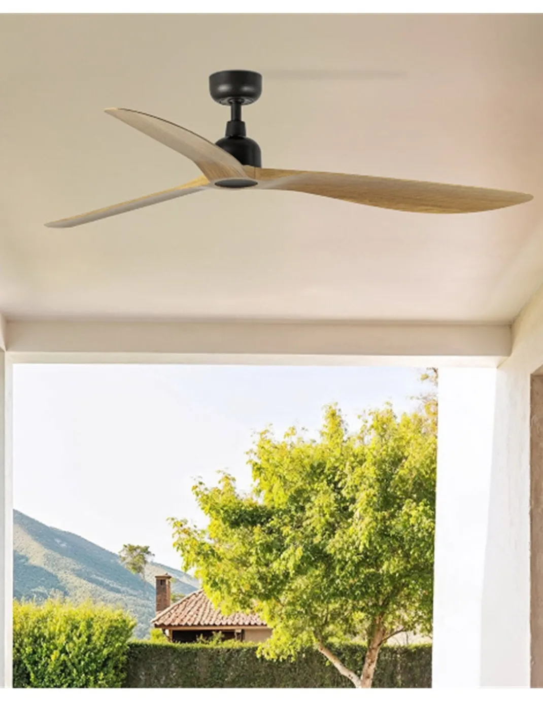 Ventilador de techo Outwood L Smart - Faro - Ventilador sin luz apto para exteriores, madera roble