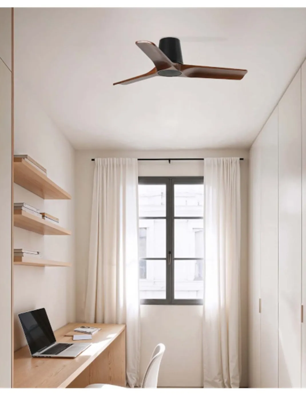 Ventilador de techo sin luz Heywood Tub S - Faro - Palas FSC de nogal, motor DC