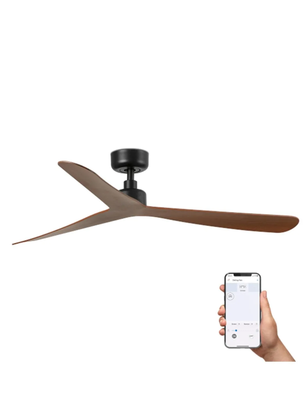 Ventilador de techo smart sin luz Rocker L - Faro - Negro y nogal con control Tuya, función inversa y 3 palas