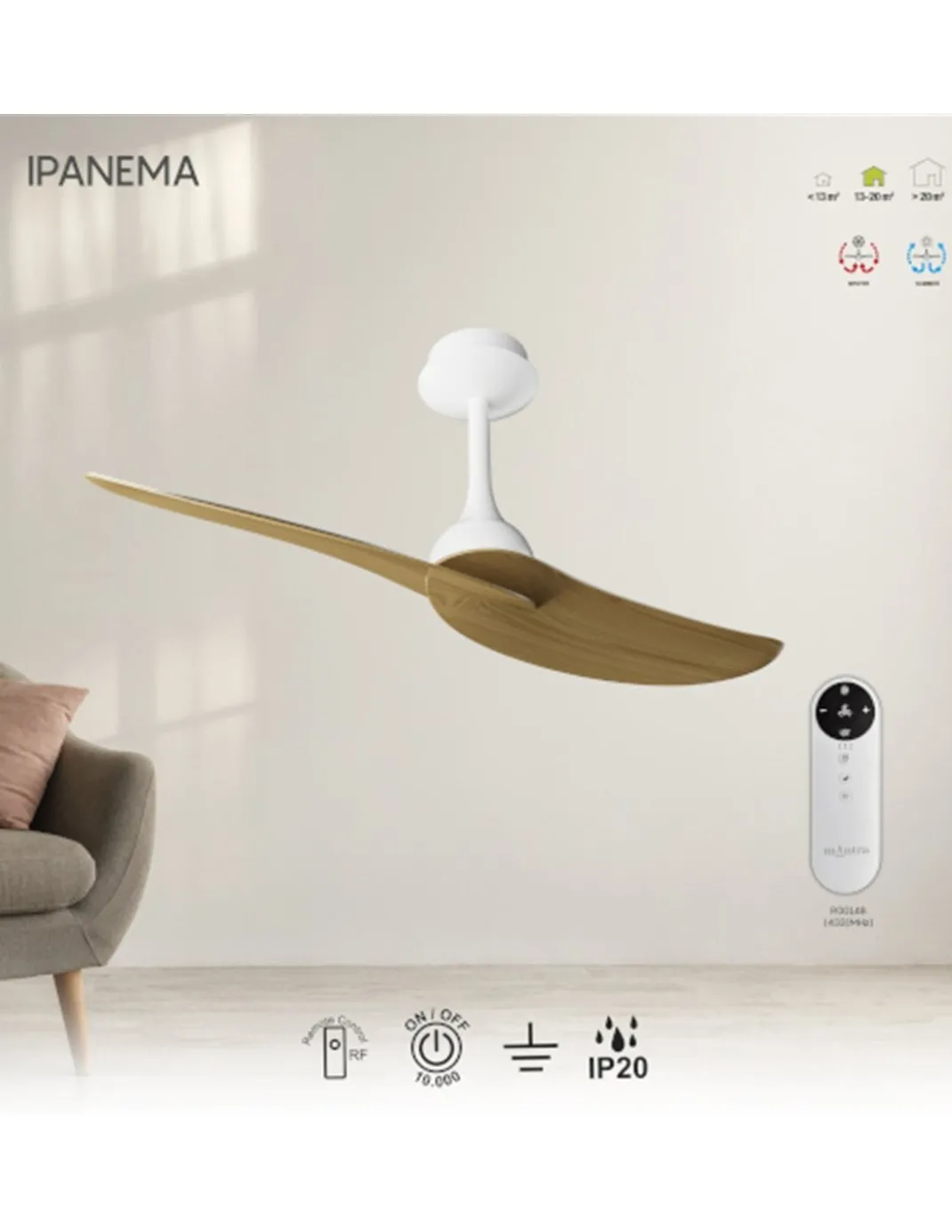 Ventilador sin luz Ipanema - Mantra - Ventilador silencioso de diseño elegante con 2 aspas reversibles y efecto madera